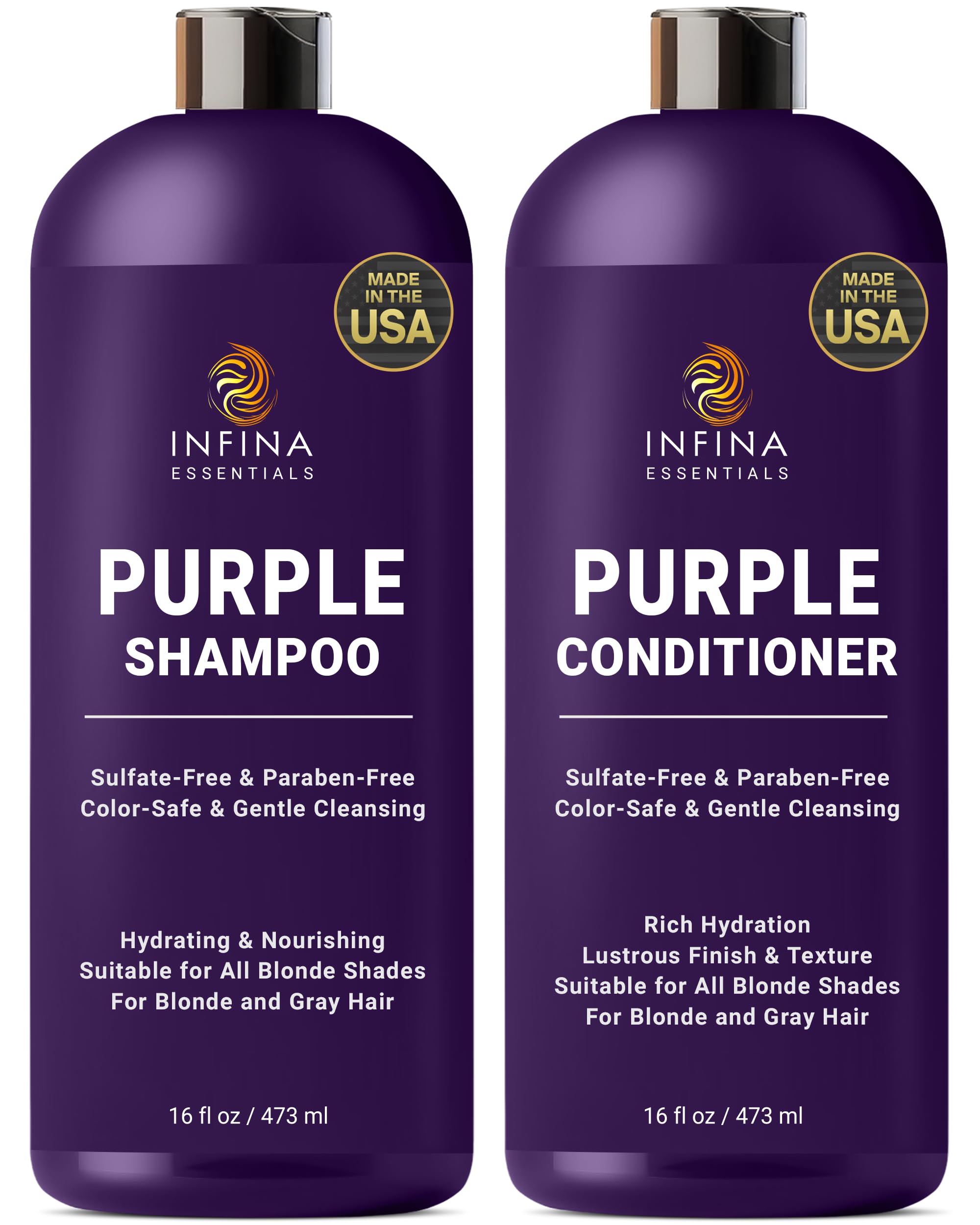 INFINA ESSENTIALS champú púrpura: botella destacada para tono frío y rubio.