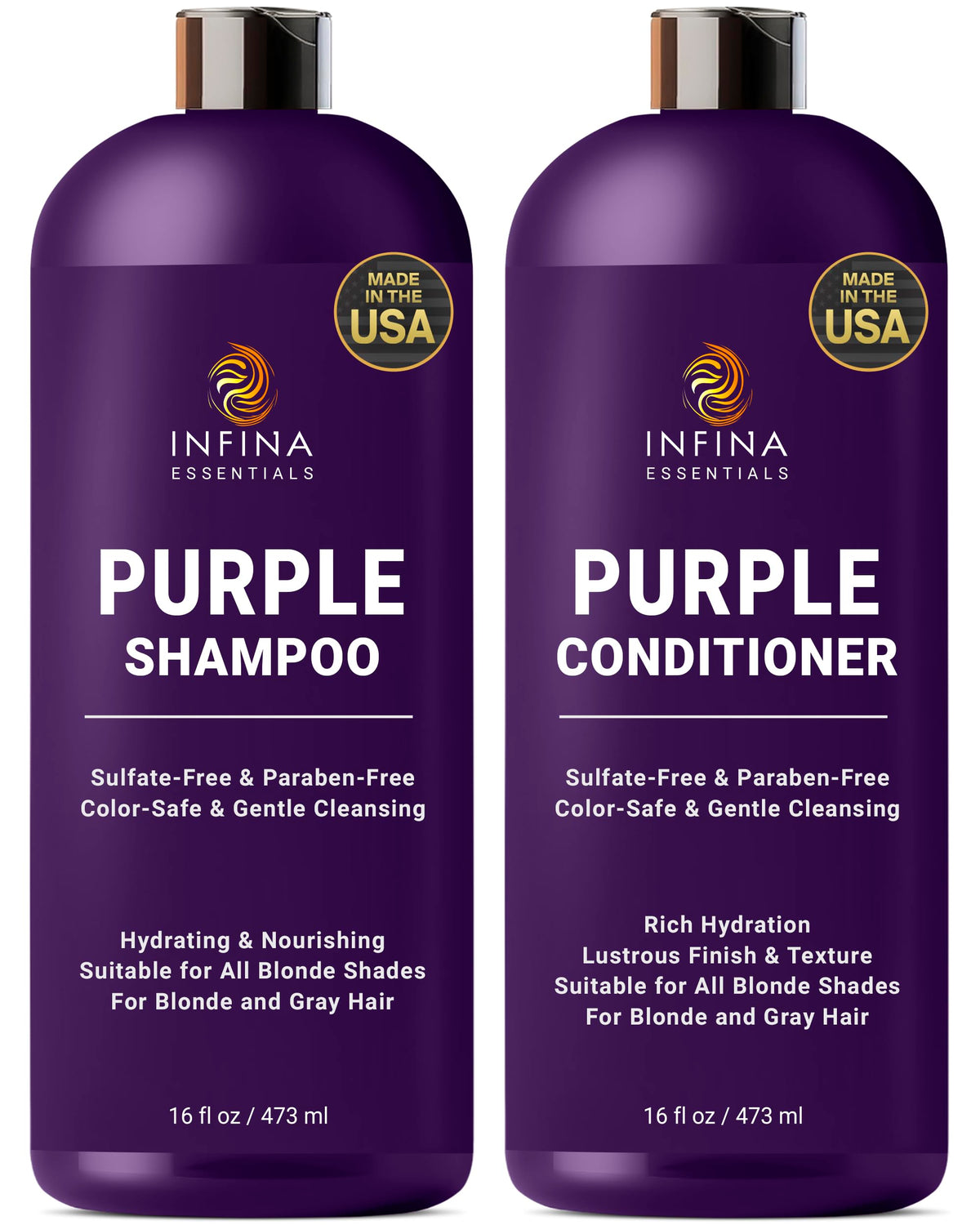 INFINA ESSENTIALS champú púrpura: botella destacada para tono frío y rubio.