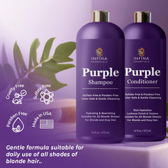 INFINA ESSENTIALS acondicionador púrpura brillo: nutre con coco y aloe.