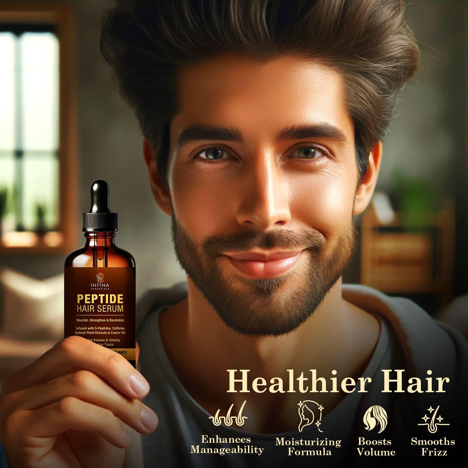 INFINA ESSENTIALS hair-growth oil application highlights multi-use hydration for all hair types.