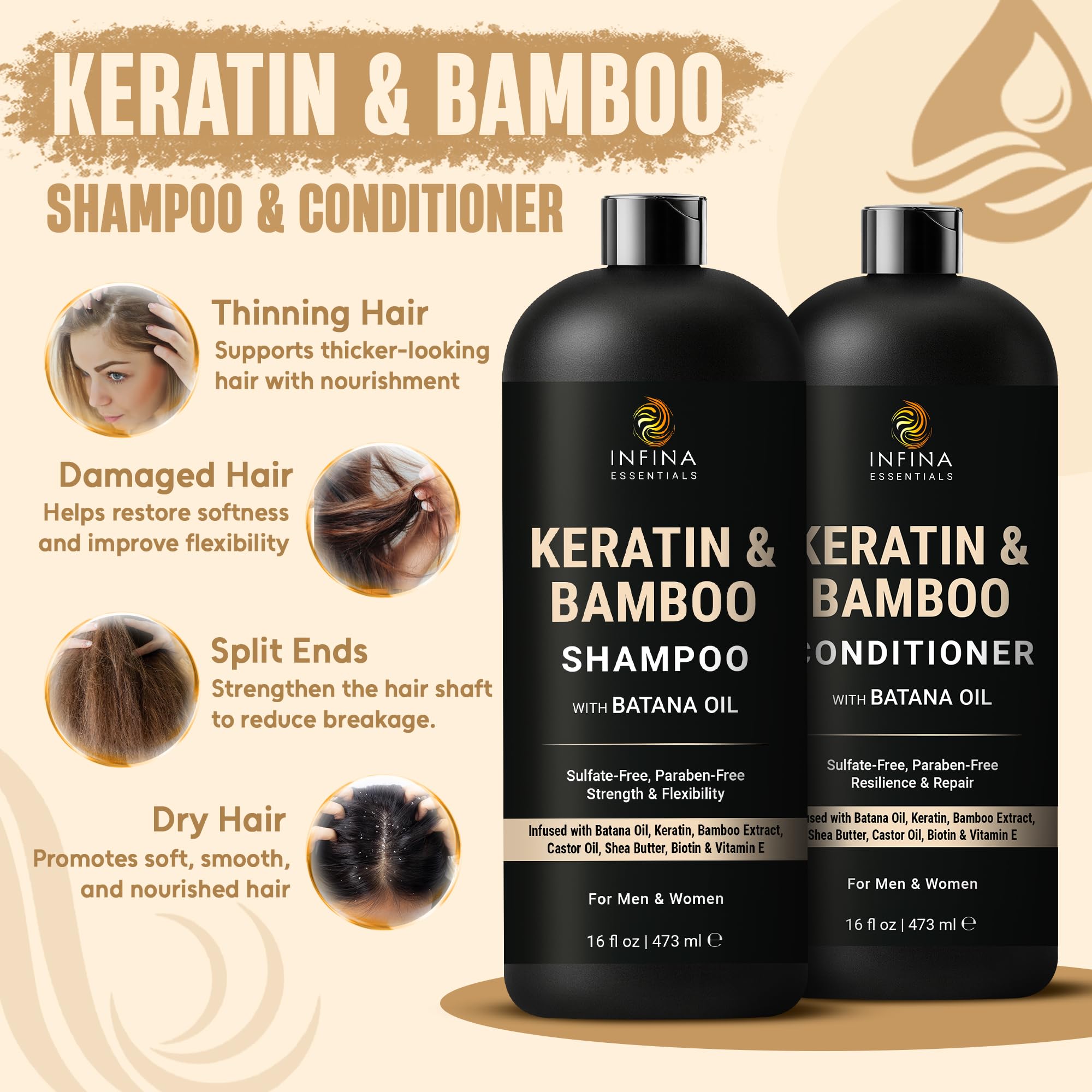 INFINA ESSENTIALS Champú de Keratina, botella, controla el frizz y aporta suavidad