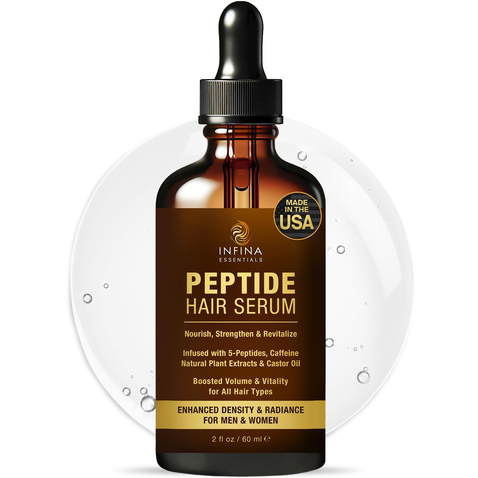 INFINA ESSENTIALS peptide serum bottle supports scalp nourishment and hydration.