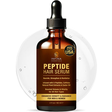 INFINA ESSENTIALS peptide serum bottle supports scalp nourishment and hydration.