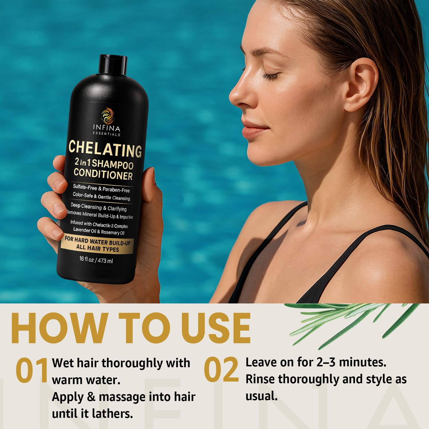 Infina Essentials escena de ducha con cabello limpio tras el uso.