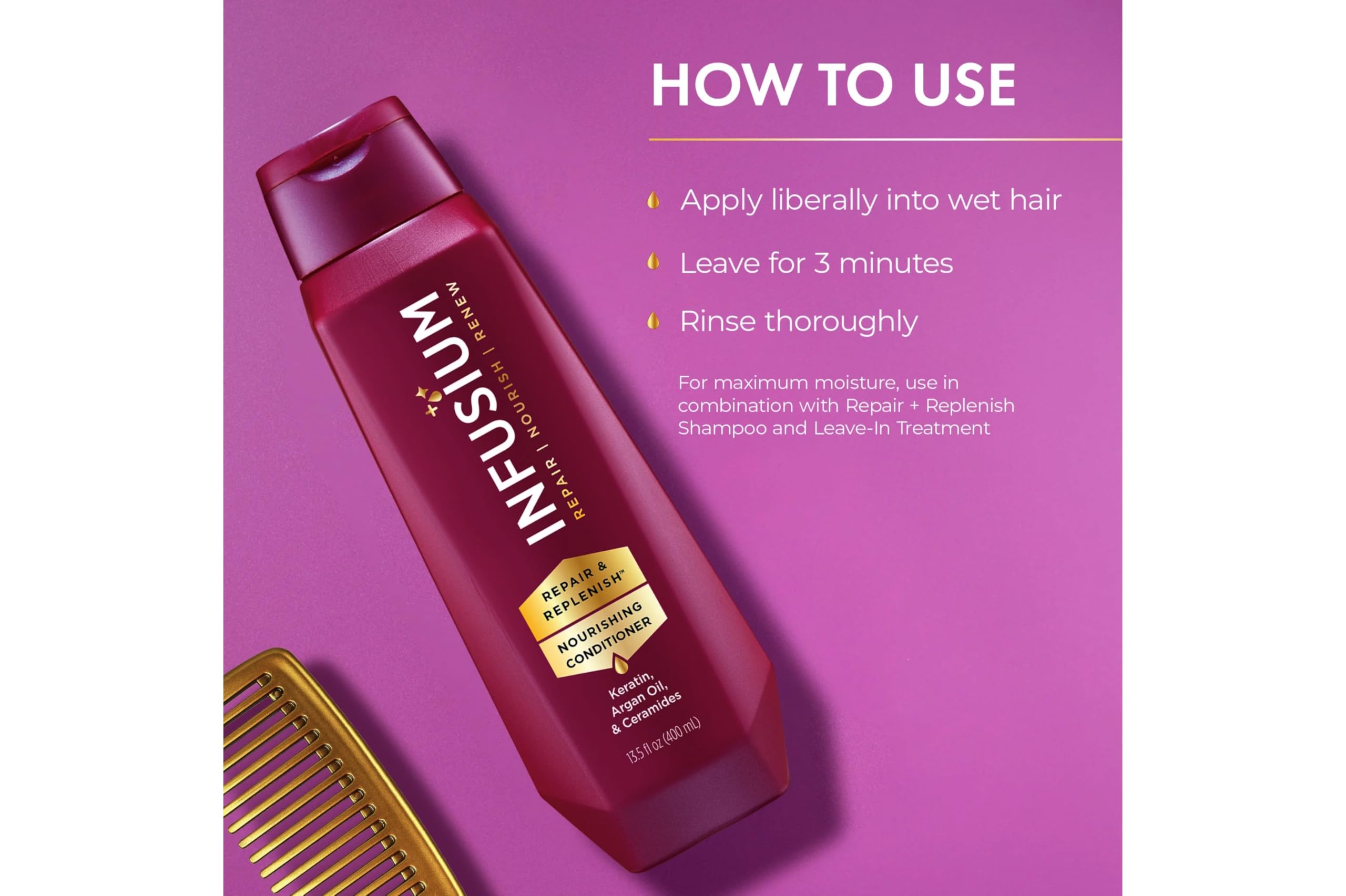 Textura sedosa del cabello tras Infusium, brillo natural.