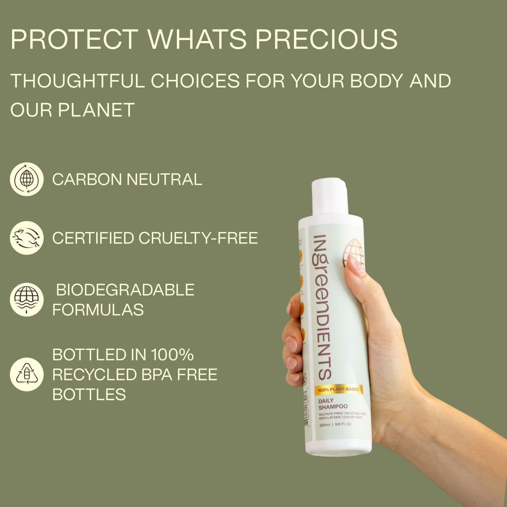 Ingreendients champú natural, envase reciclado para sostenibilidad
