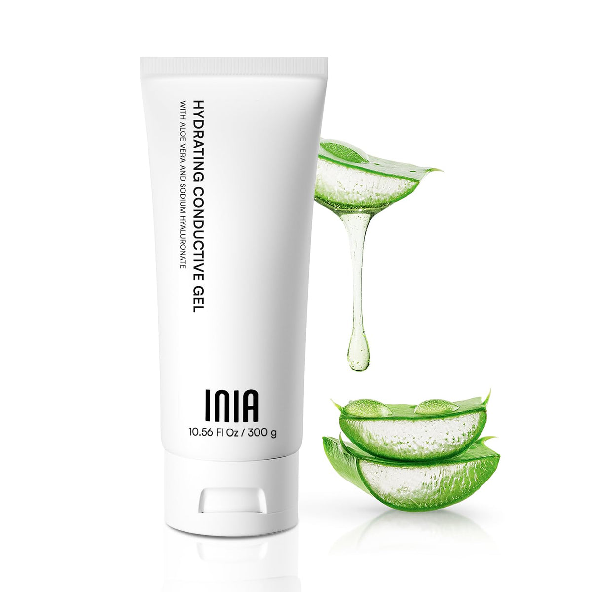 INIA gel conductivo, vista frontal de la botella, hidratación suave para tratamientos faciales.
