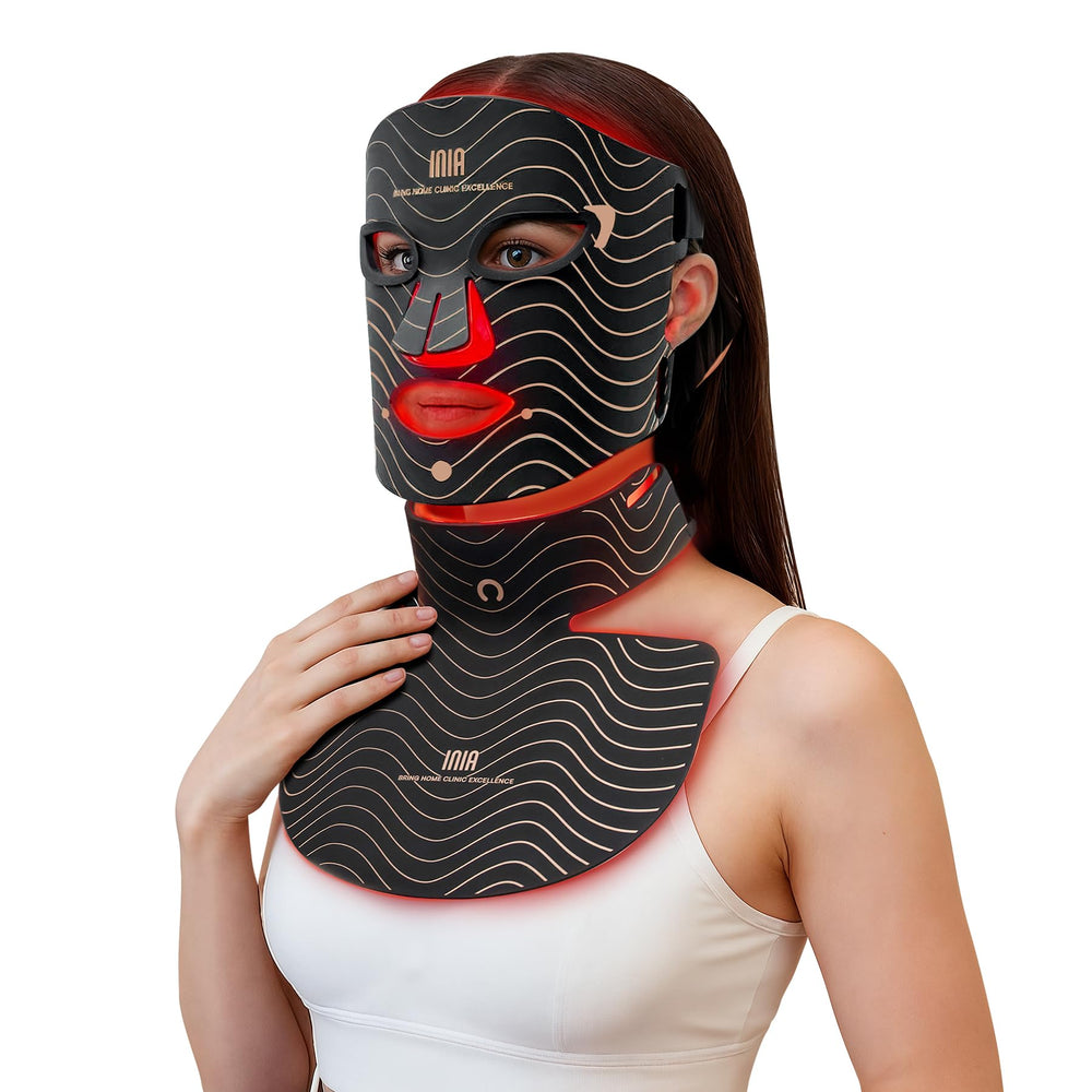 Mascarilla INIA con luz roja para rostro, mejora tono y luminosidad.