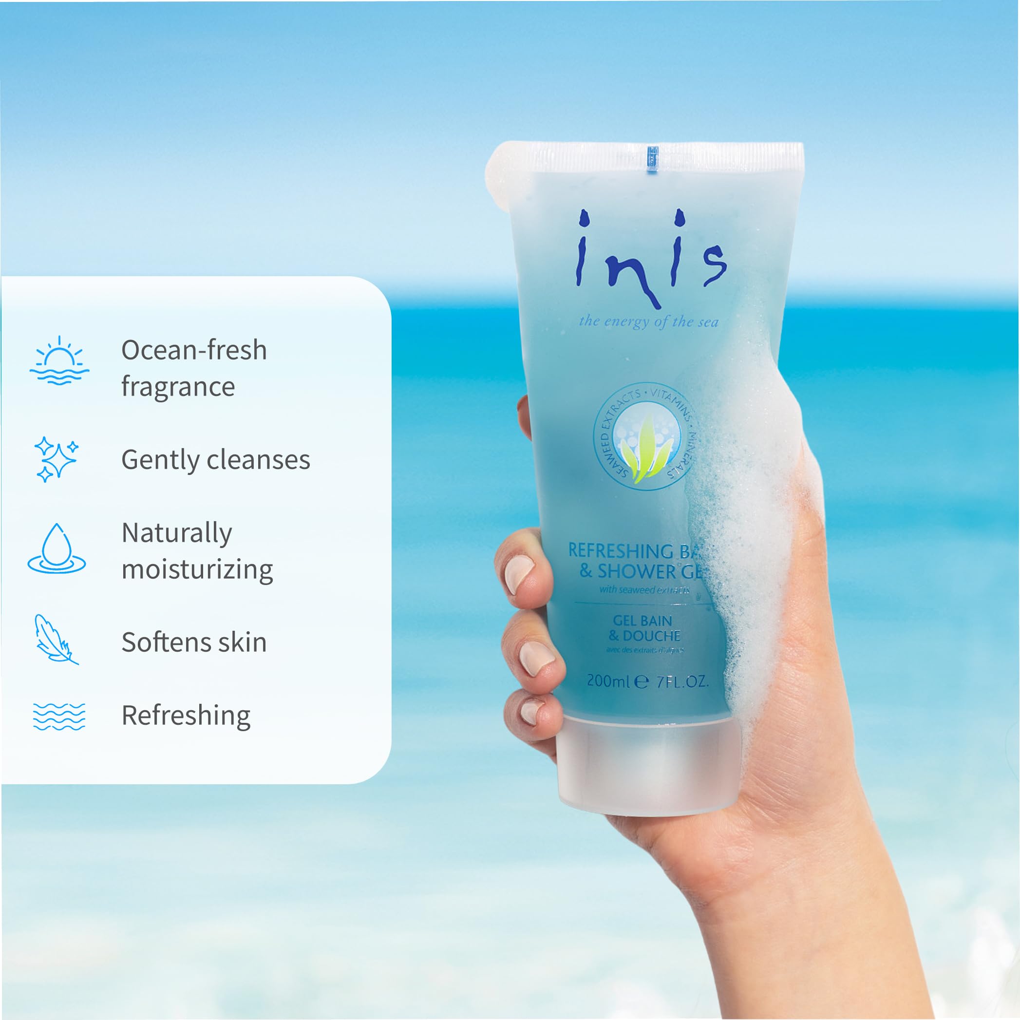 Inis Energía del Mar dosificación suave para espuma abundante.