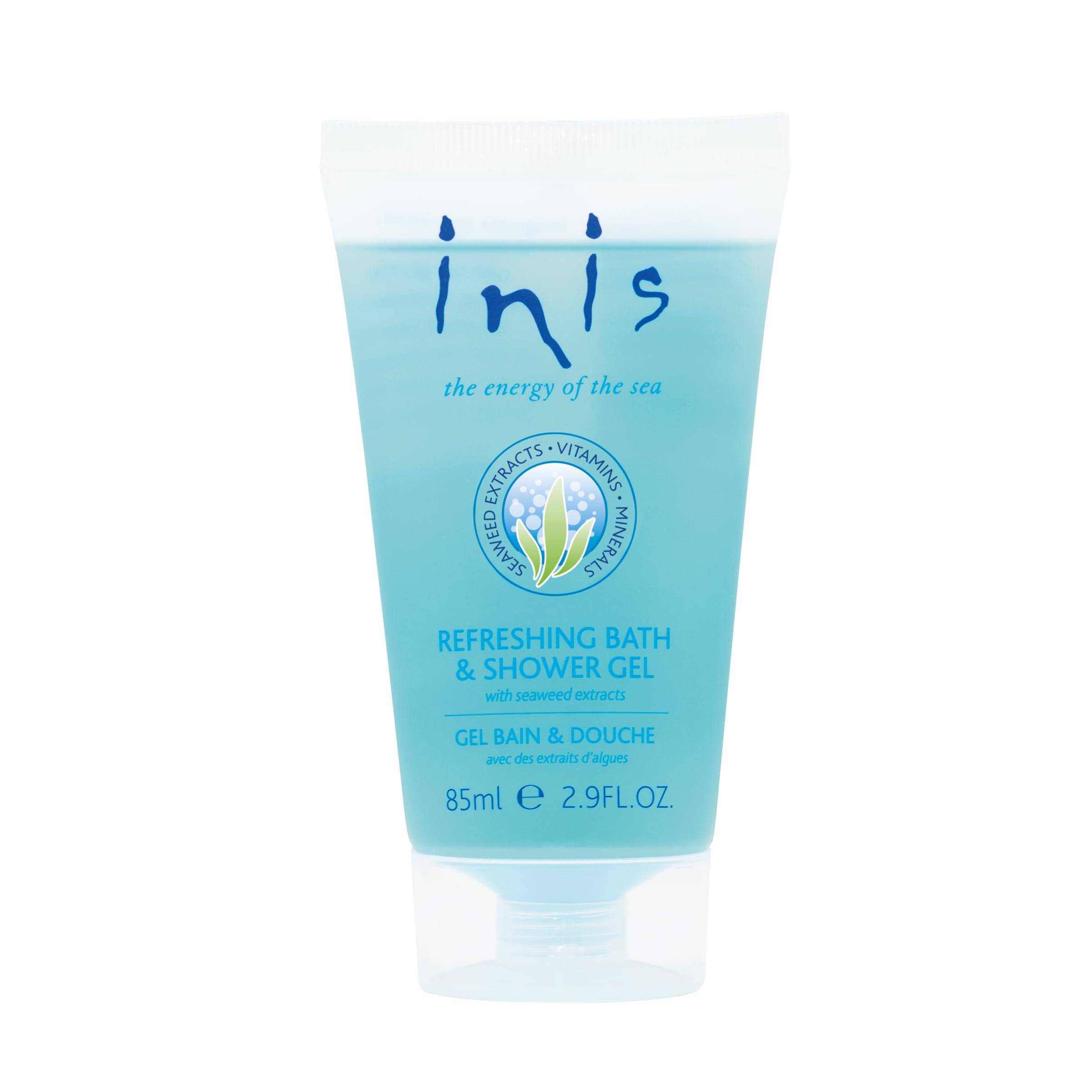 Gel de ducha Inis, botella de 85 ml, hidrata y deja la piel suave.