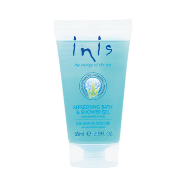 Gel de ducha Inis, botella de 85 ml, hidrata y deja la piel suave.
