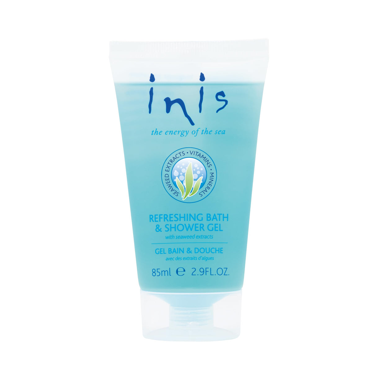 Gel de ducha Inis, botella de 85 ml, hidrata y deja la piel suave.