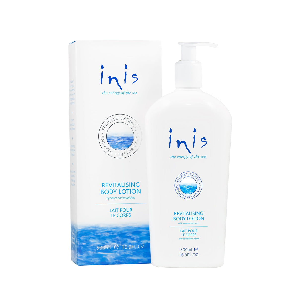 Lotion Inis dans sa bouteille affichant une hydratation durable et une sensation rafraîchissante.