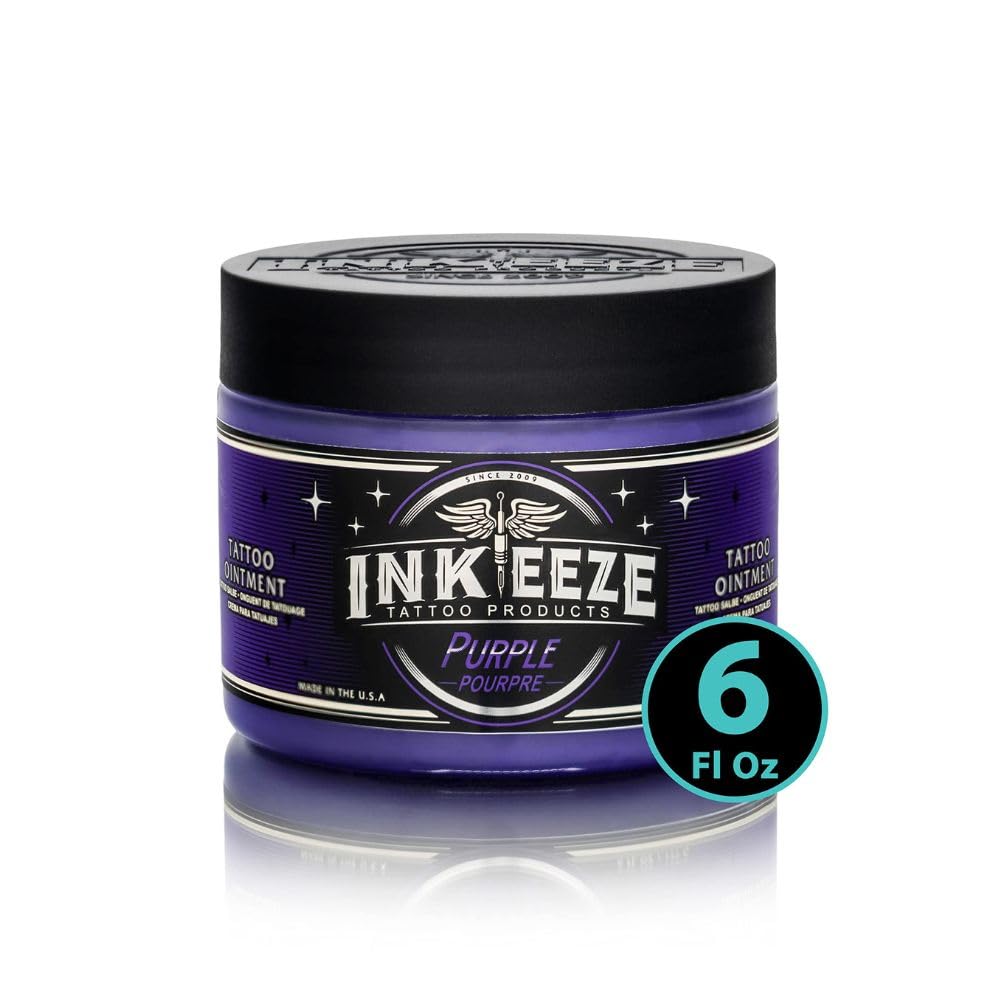 INK-EEZE ungüento morado para tatuajes, botella 6oz, protege la piel durante el proceso.