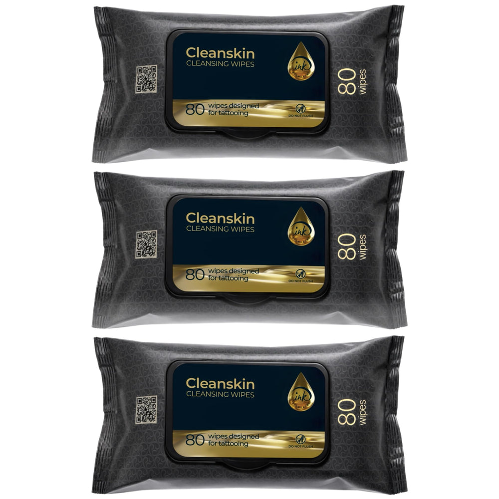 Lingettes CleanSkin Ink Permanent humidifiées prêtes à l’emploi pour le nettoyage pendant la séance.