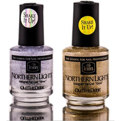 INM Northern Lights Top Coat Duo, botella dorada con brocha, acabado holográfico 3D.