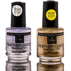 INM Northern Lights Top Coat Duo, botella plateada con brocha, brillo holográfico 3D.