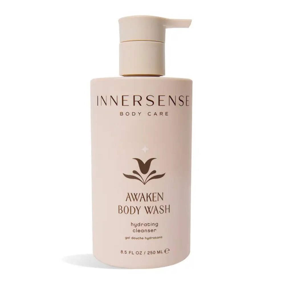 INNERSENSE Awaken Body Wash bottle showing avocado oil hydration for gentle cleansing