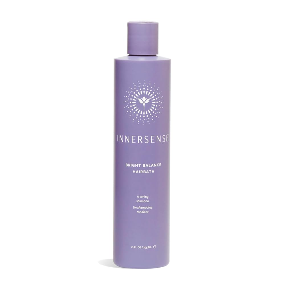 INNERSENSE Balance púrpura Hairbath, envase vertiendo, neutraliza tonos amarillentos y realza brillo.