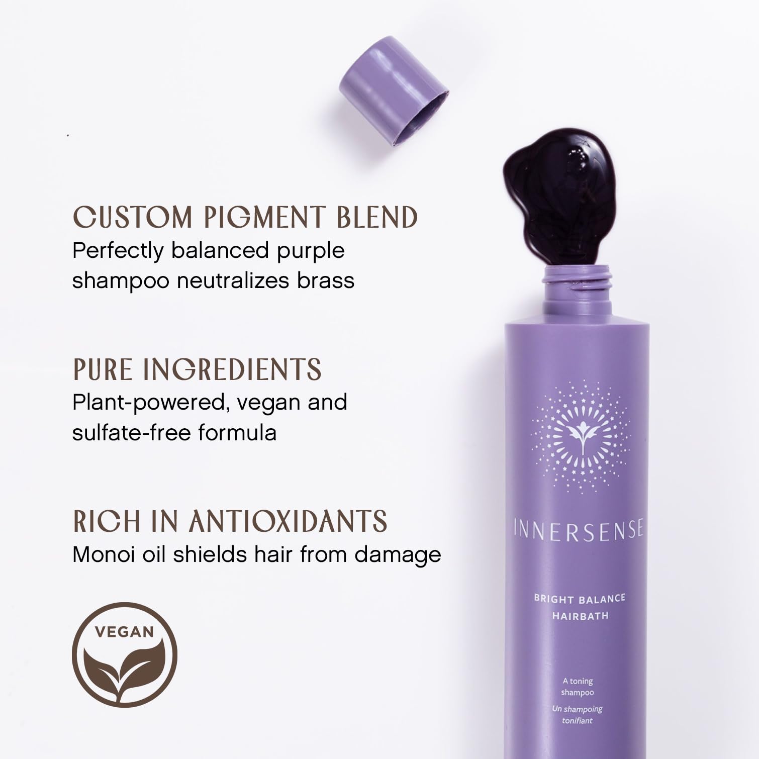 INNERSENSE Balance púrpura Hairbath, ingredientes naturales clave para cuidado suave del color.