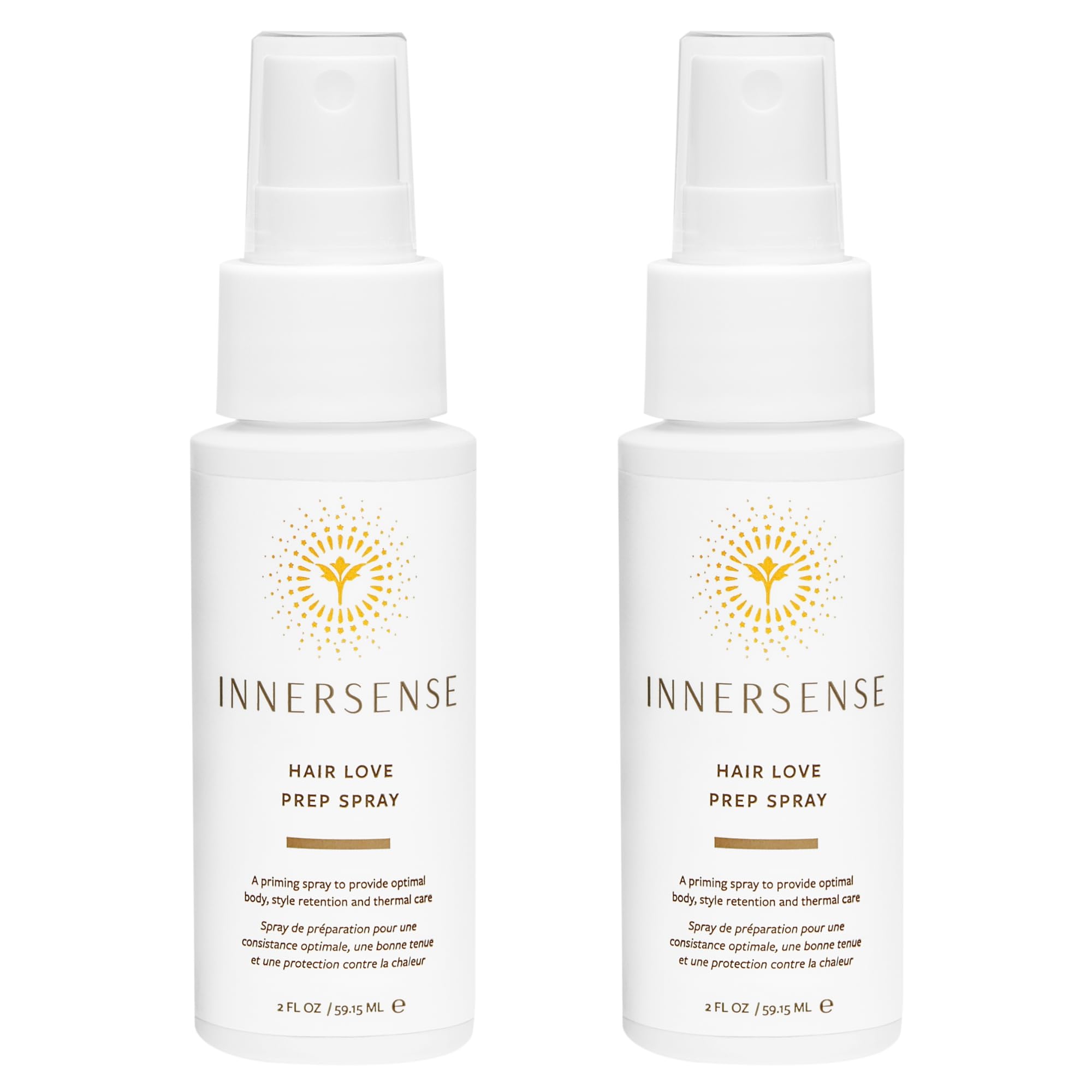 INNERSENSE Prep Spray, botella frontal, ofrece cuerpo y retención de peinado.