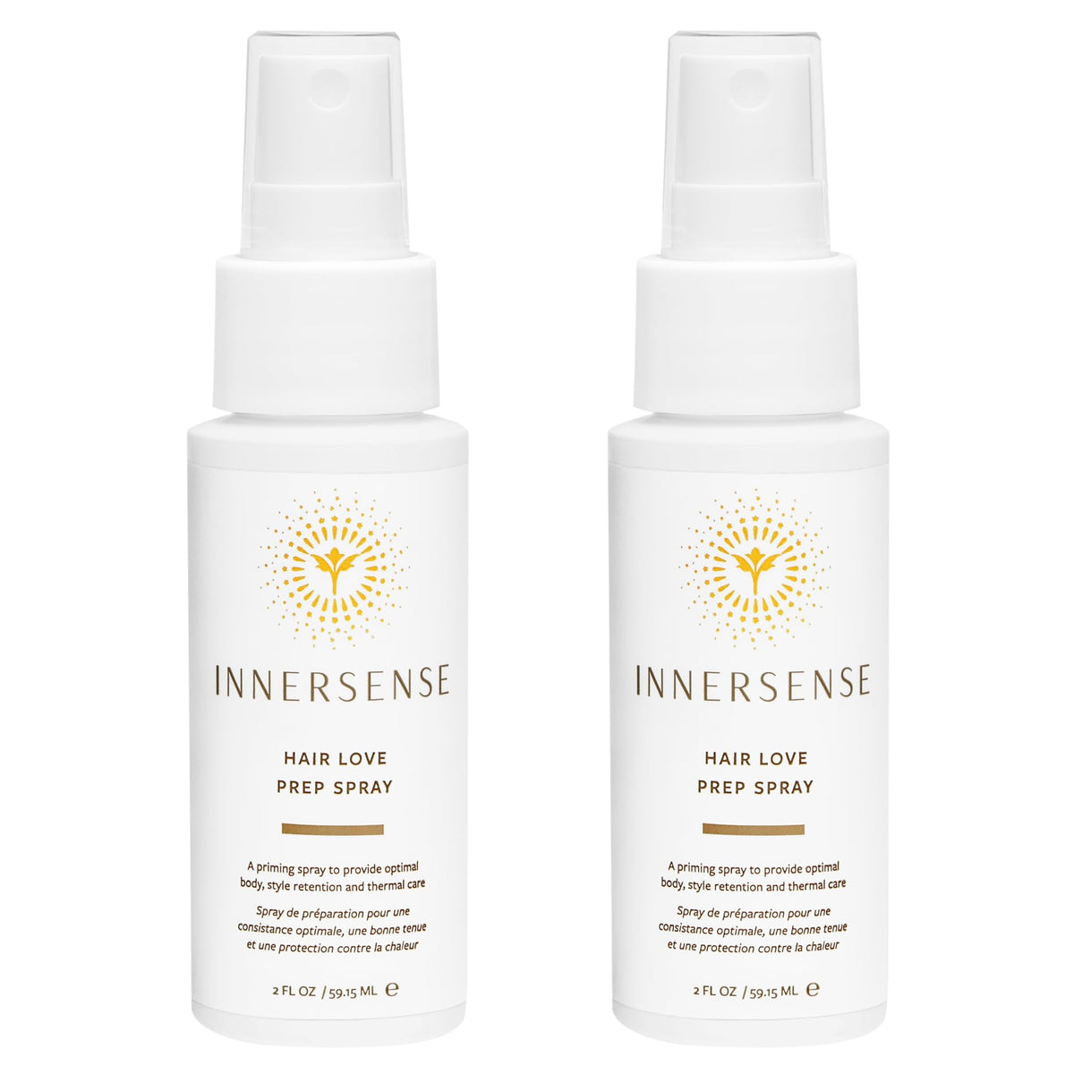 INNERSENSE Prep Spray, botella frontal, ofrece cuerpo y retención de peinado.