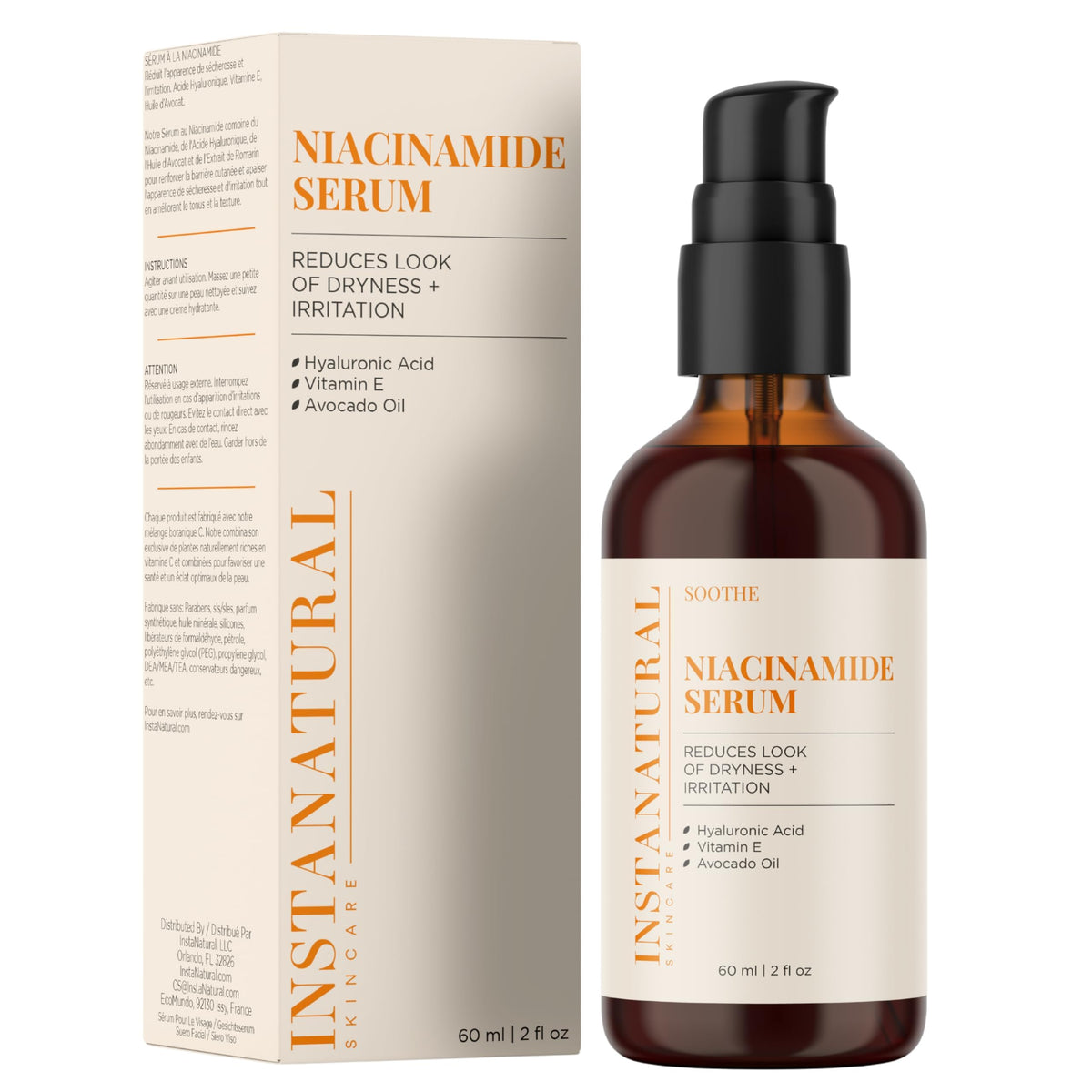 InstaNatural Niacinamida Serum en botella, hidratación suave para la piel.