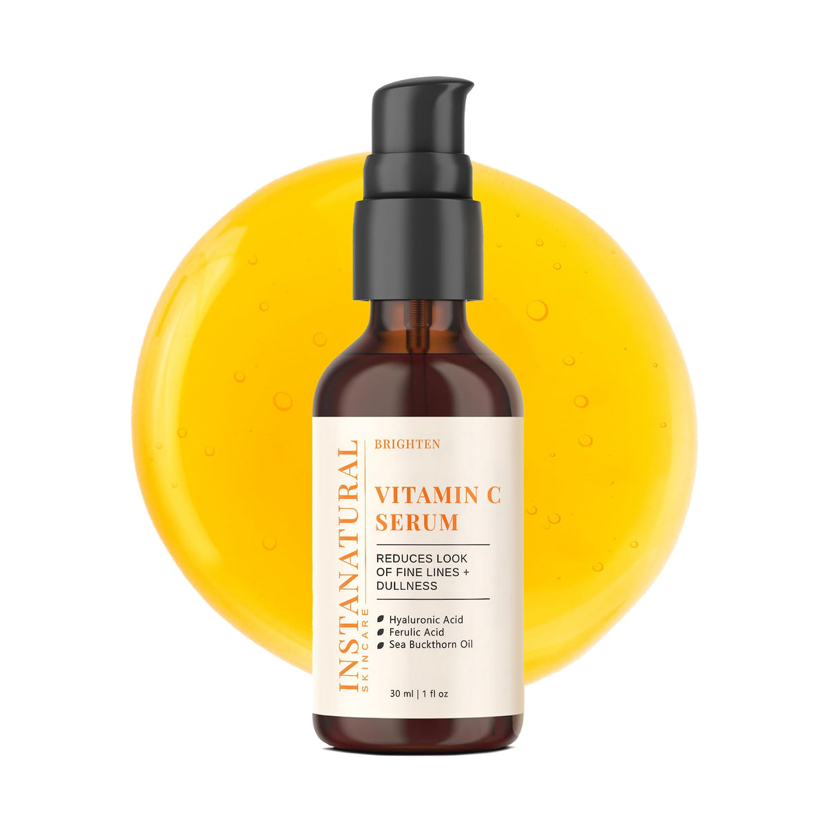InstaNatural Serum Vitamina C, botella vertiendo, posible uso diario para tono más uniforme