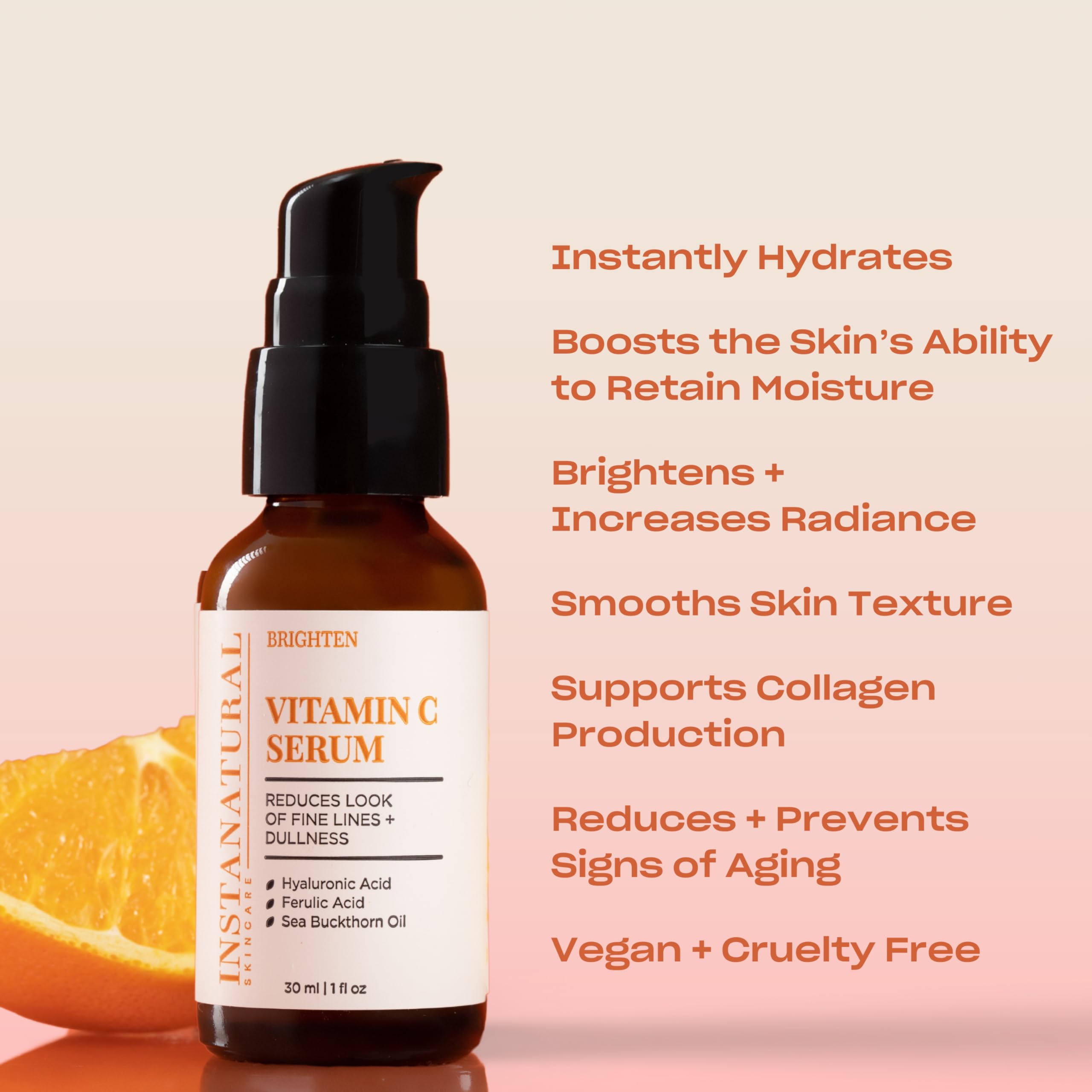 InstaNatural Serum Vitamina C, ingredientes clave ferúlico e hialurónico, nutrición luminosa