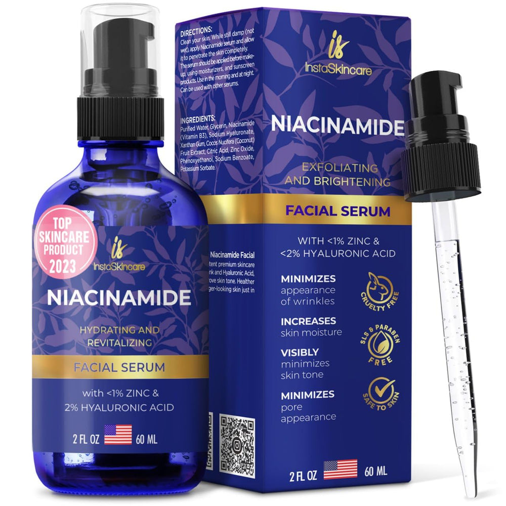 InstaSkincare Niacinamida Serum caja y etiqueta, hecho en Estados Unidos.