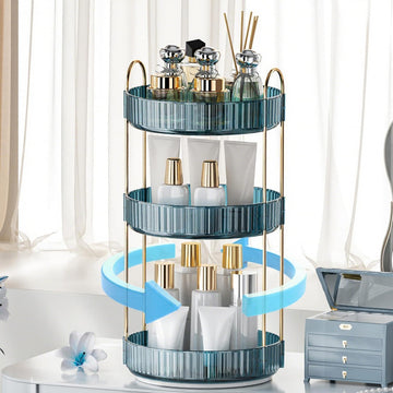 INVSSENE organizador maquillaje 360° 3 estantes azul, optimiza espacio.