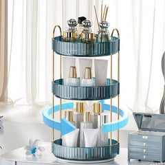 INVSSENE organizador maquillaje 360° 3 estantes azul, optimiza espacio.