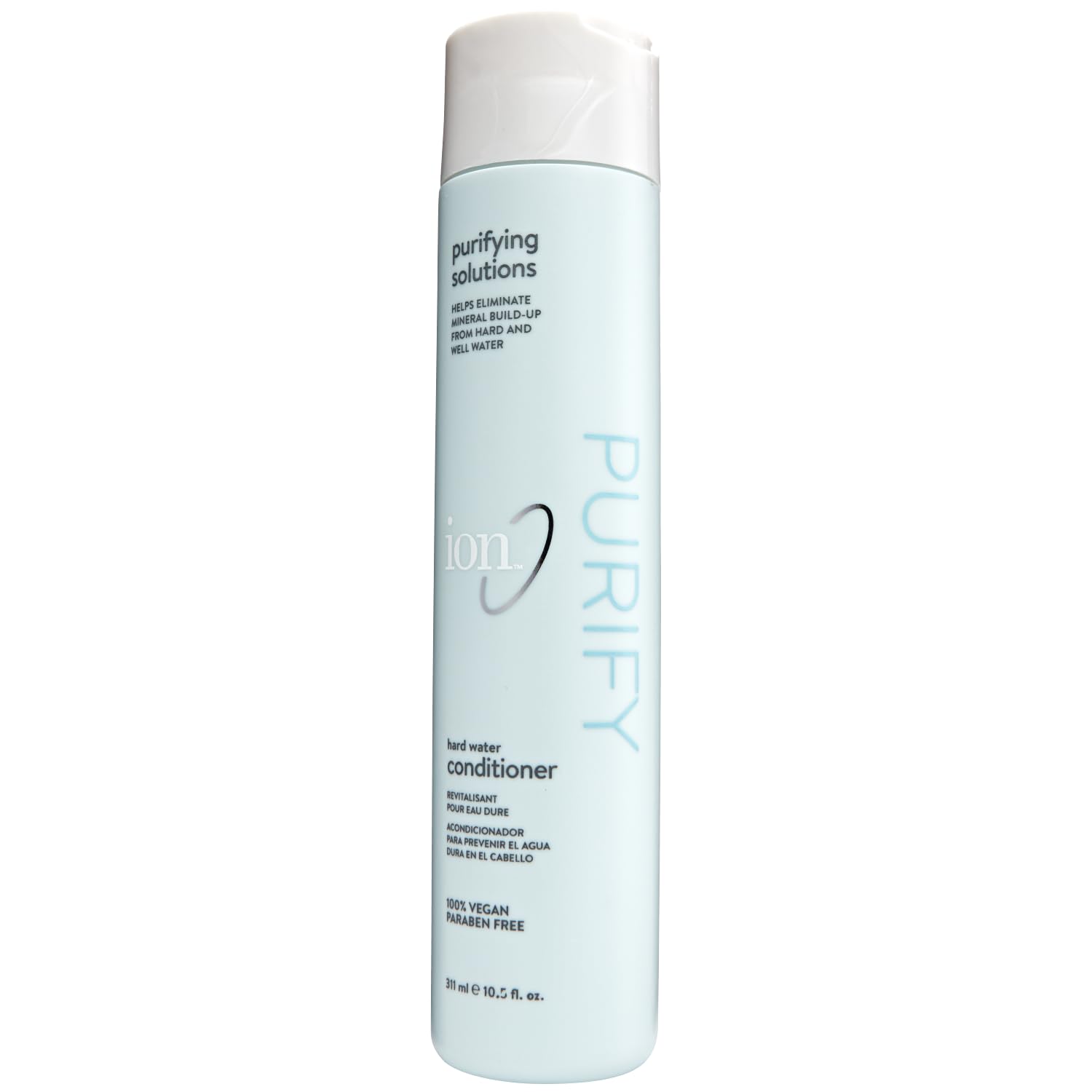 ion Acondicionador de Agua Dura, botella, aporta brillo y suavidad al cabello.