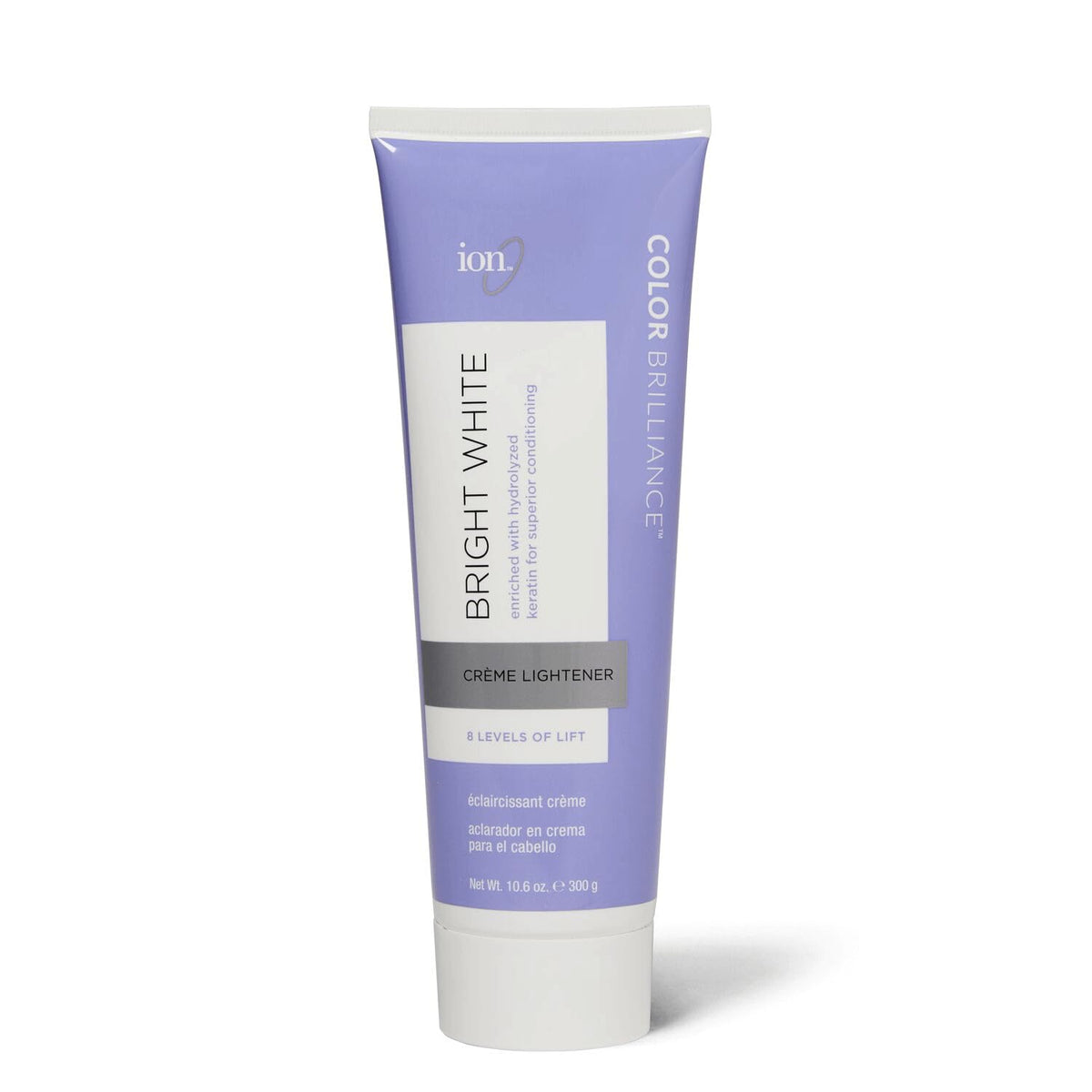 Ion Bright White Creme Lightener, botella, aplicación suave y precisa para cabello claro.