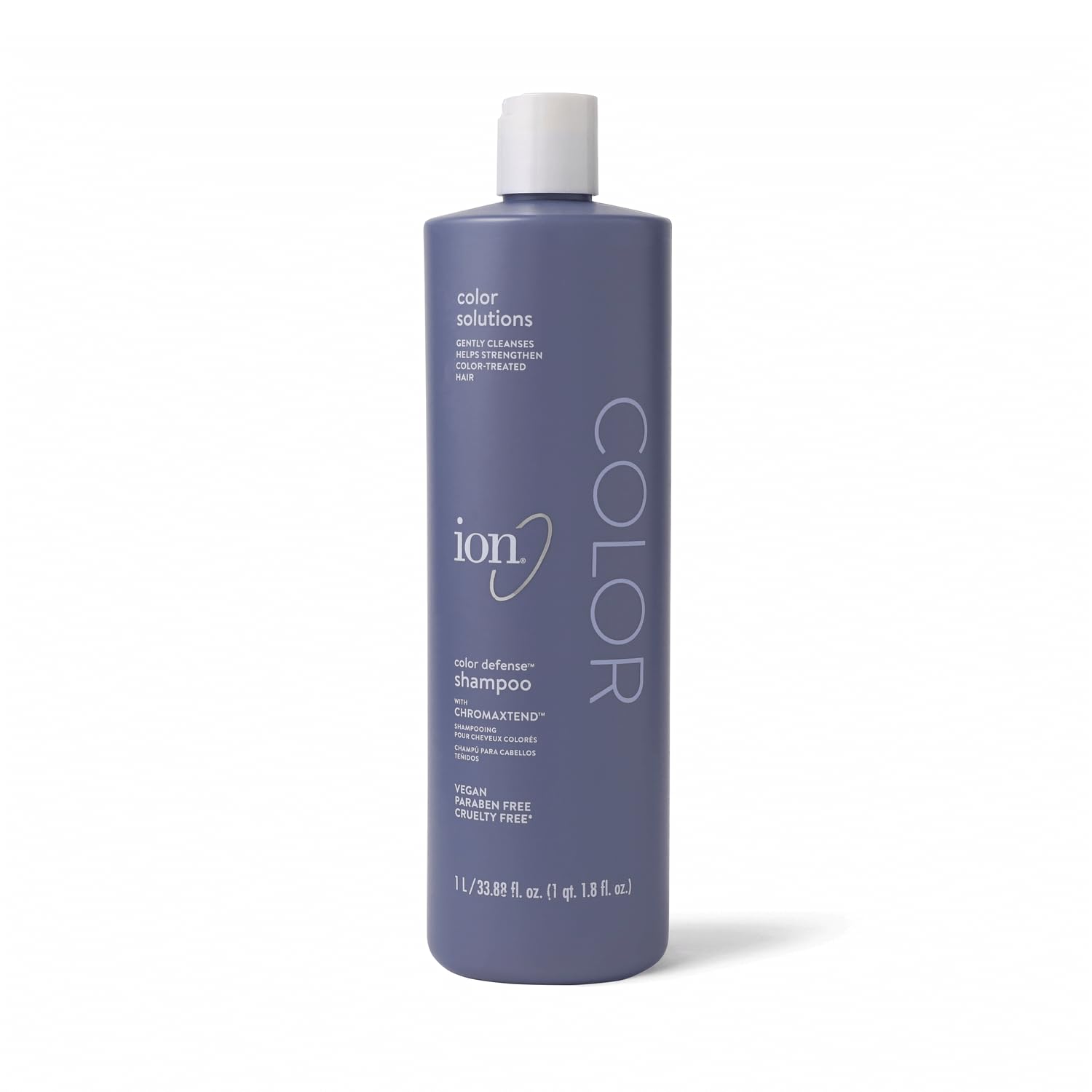 Ion Color Defense Champú: botella en detalle para cabello teñido con brillo saludable.