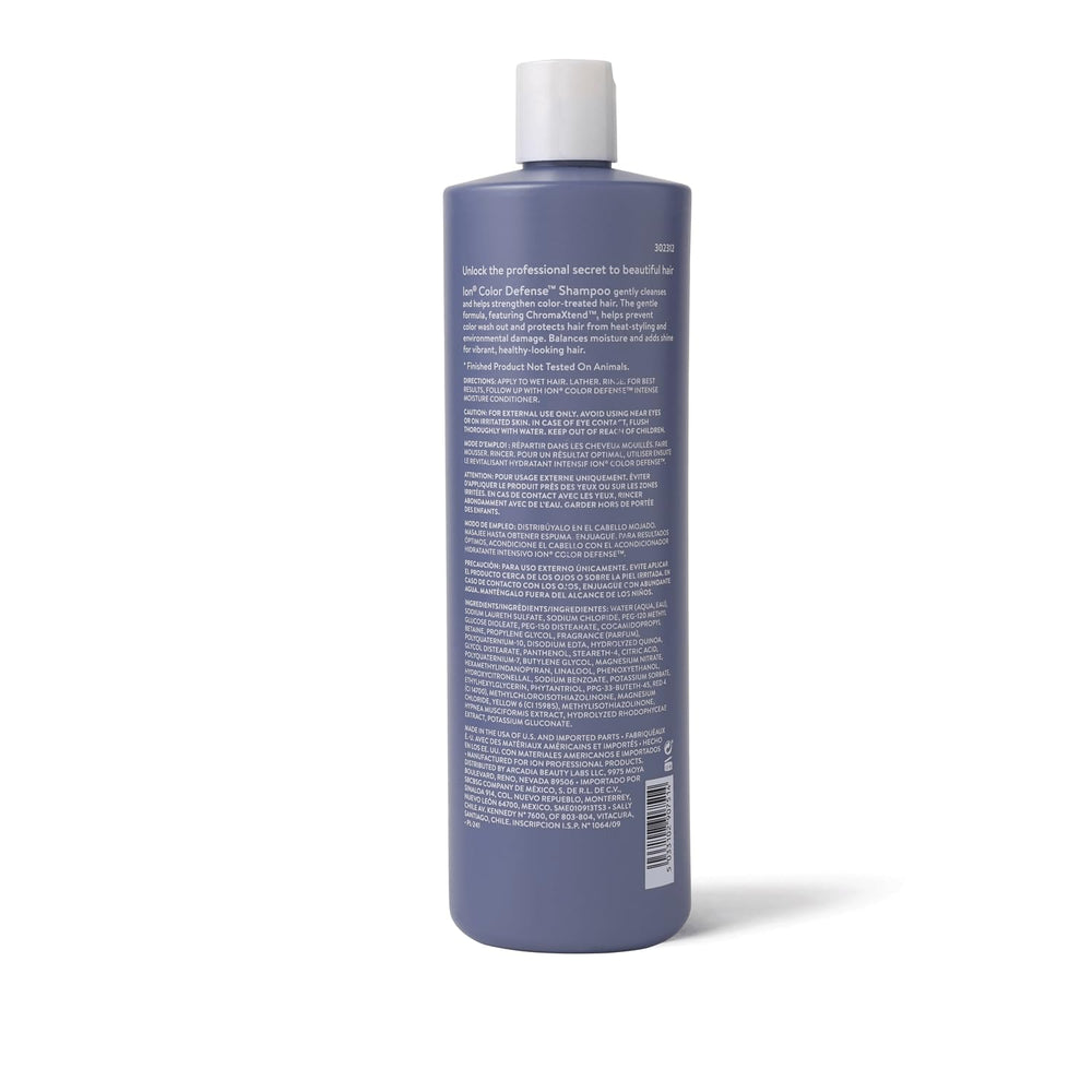 Ion Color Defense Champú: etiqueta visible que comunica cuidado suave para color.
