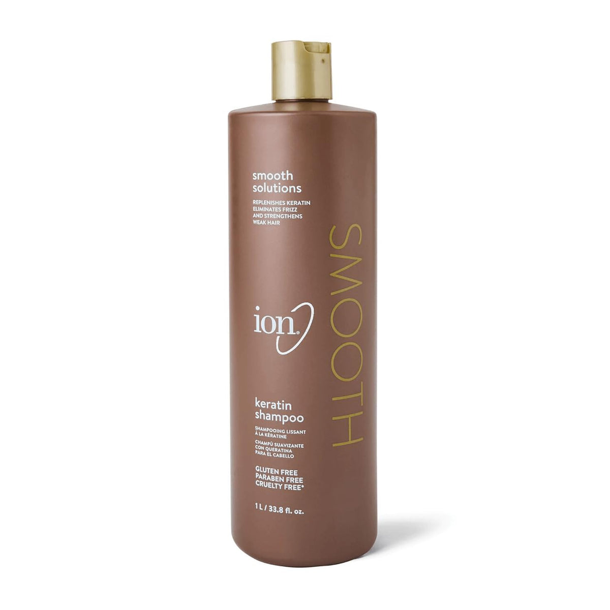 Ion Keratin Smoothing Champú 1LT: envase grande para lavado suave sin sulfatos.