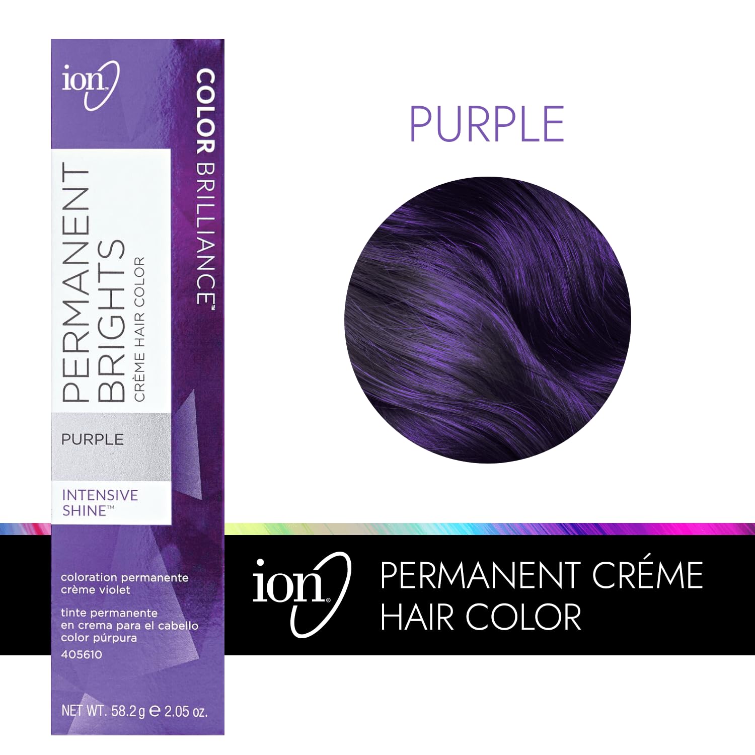 Muestra de color púrpura Ion para cabello.