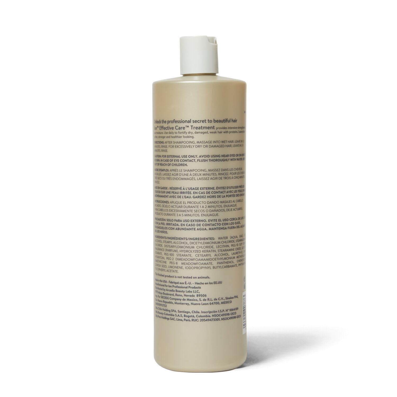 Ion Effective Care Treatment detalle de etiqueta, fórmula vegana para todo tipo de cabello.
