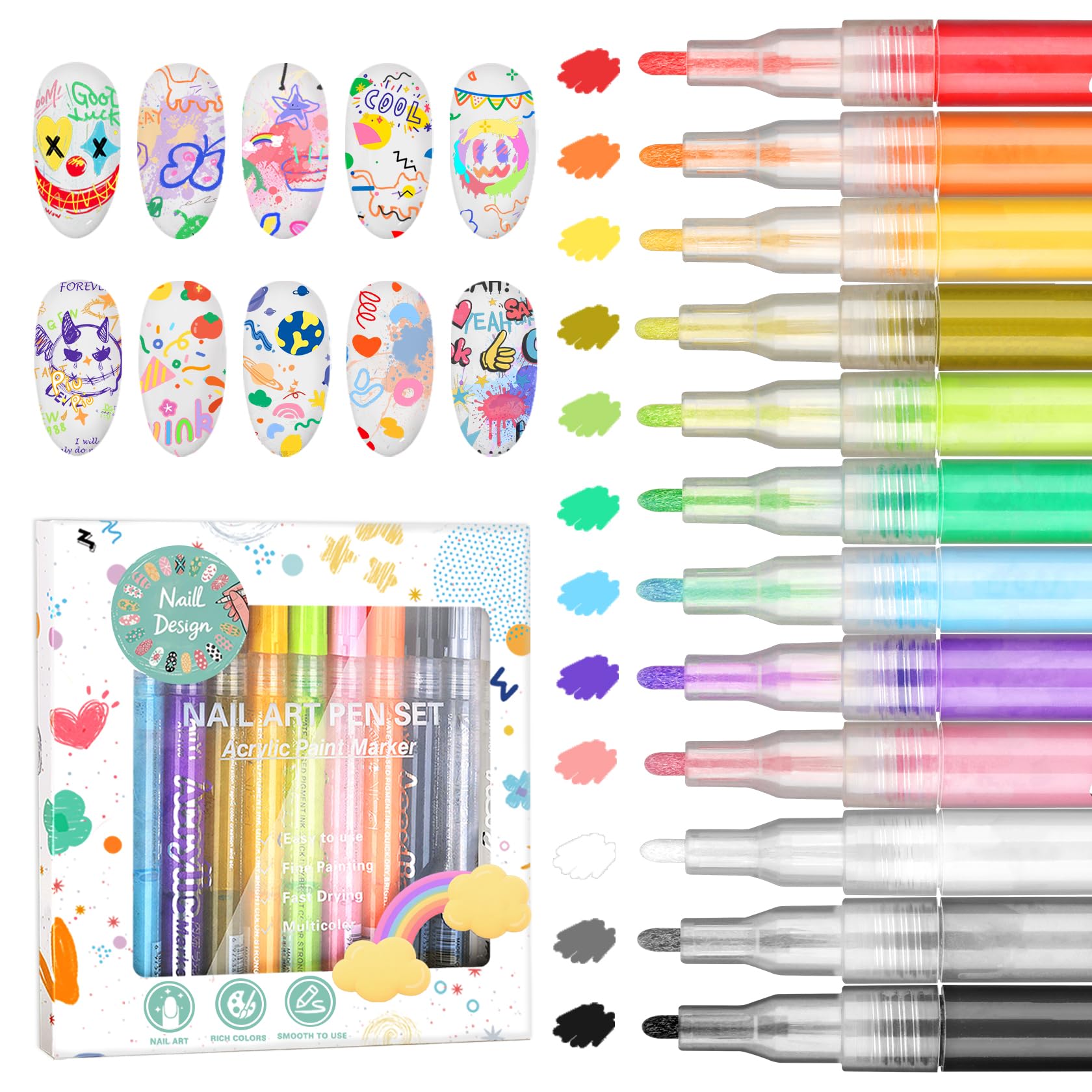 IONSGAKObolígrafos de arte para uñas, 12 colores vibrantes para detalles precisos.