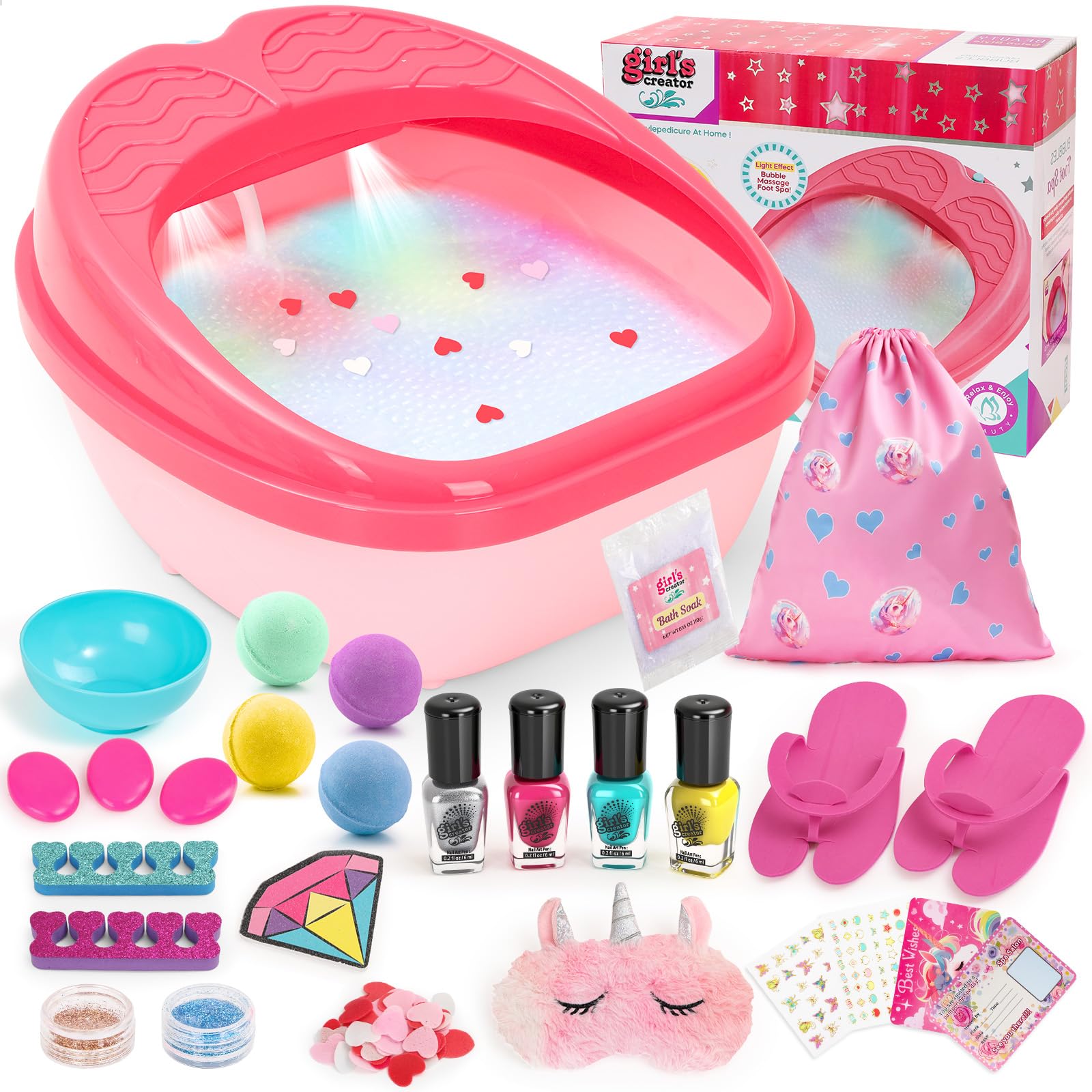 Spa de pies para niñas con luces coloridas, ideal para una experiencia divertida.