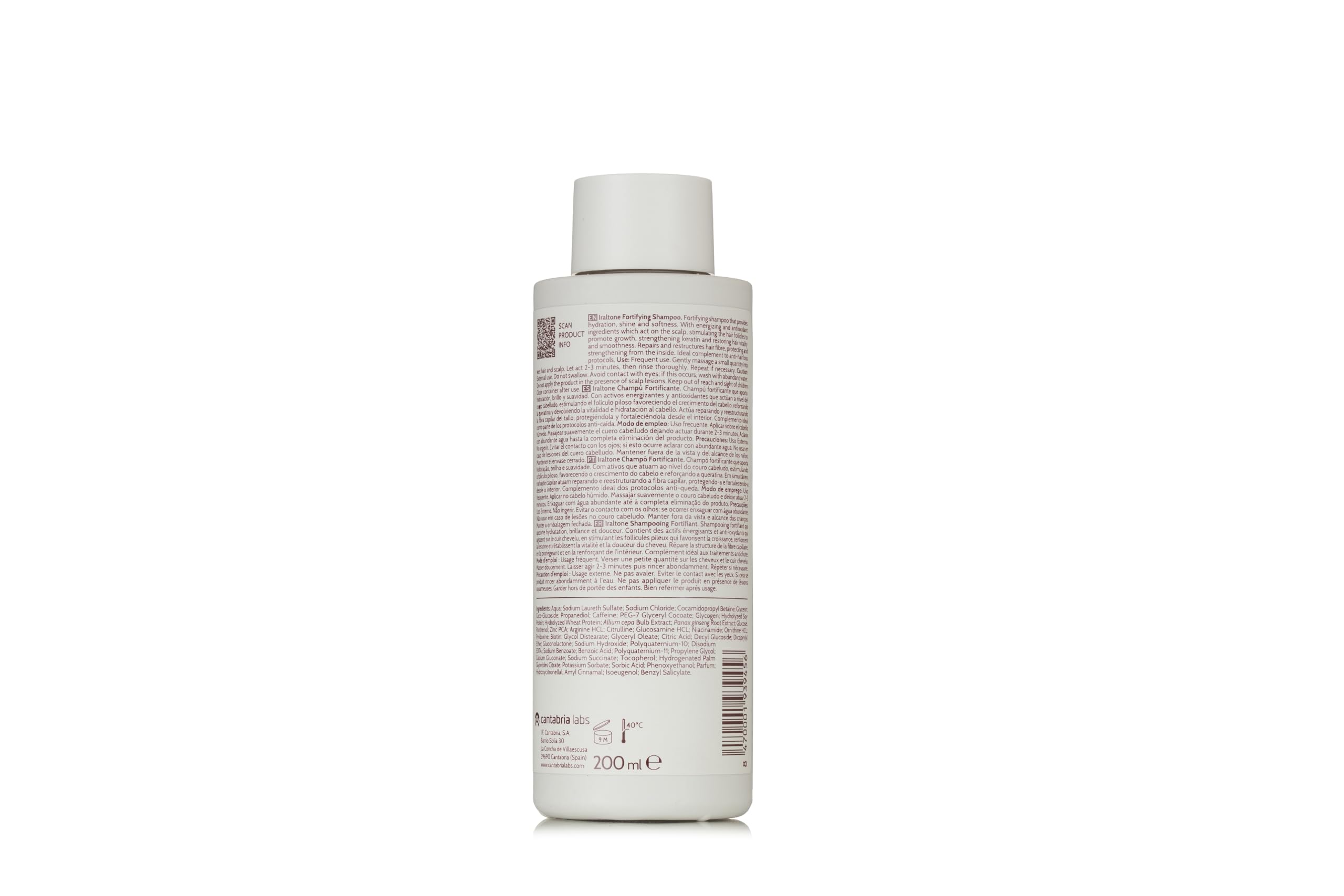 Primer plano de la textura cremosa del champú IRALTONE para cabello saludable.