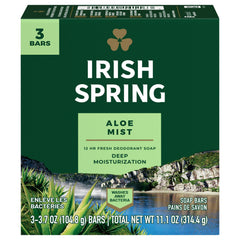 Barra desodorante Irish Spring Aloe, presentación de tres unidades para uso diario.