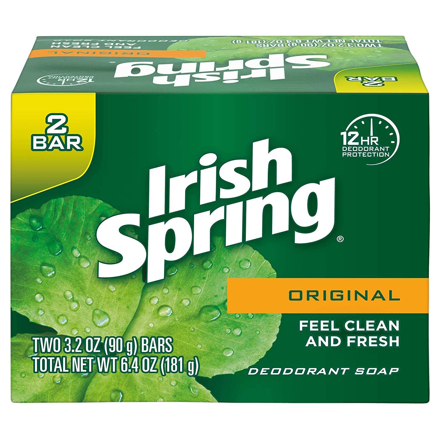 Irish Spring Original: barra de jabón desodorante, vista frontal y limpieza duradera.