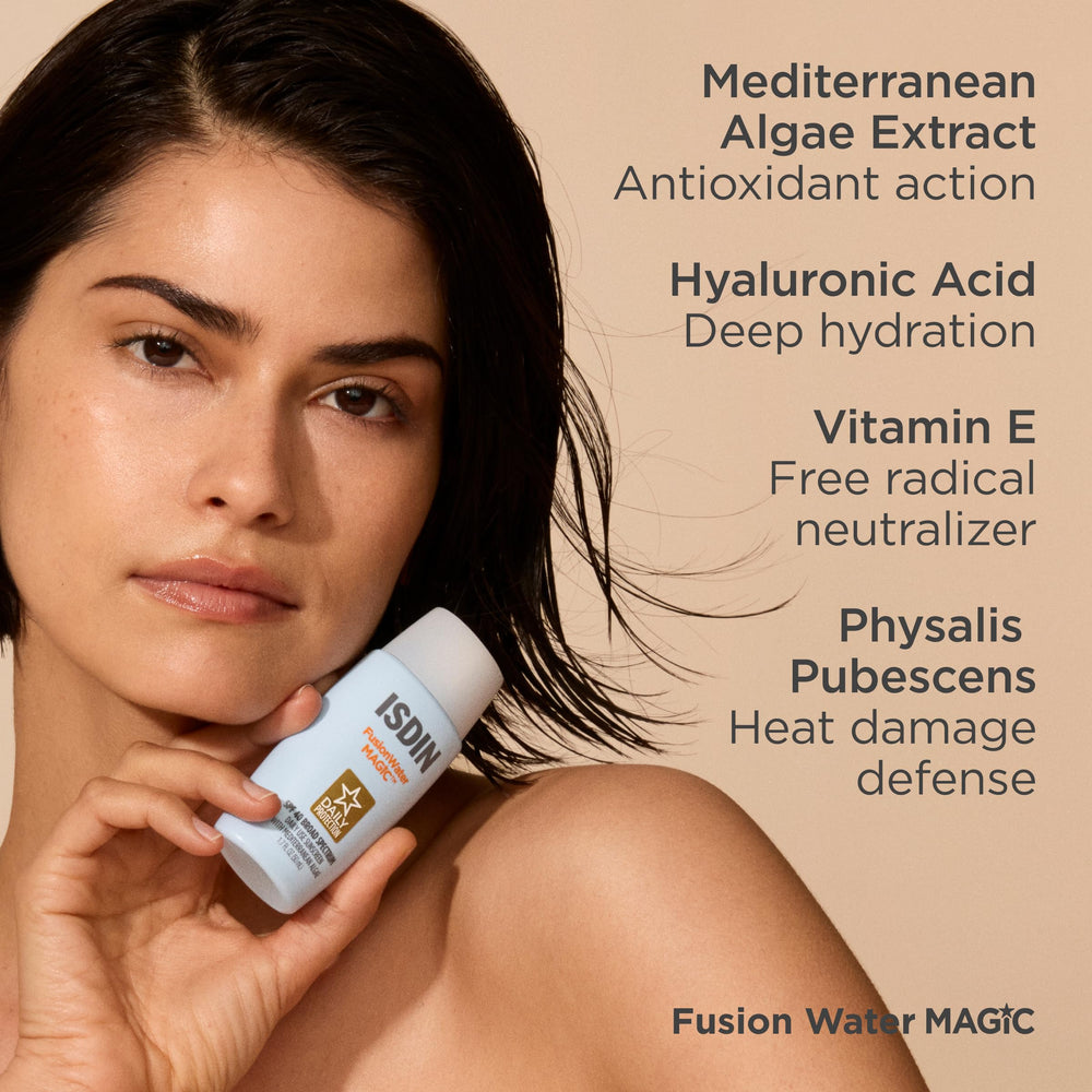 ISDIN Fusion Water MAGIC hialurónico y vitamina E para hidratación y antioxidantes.