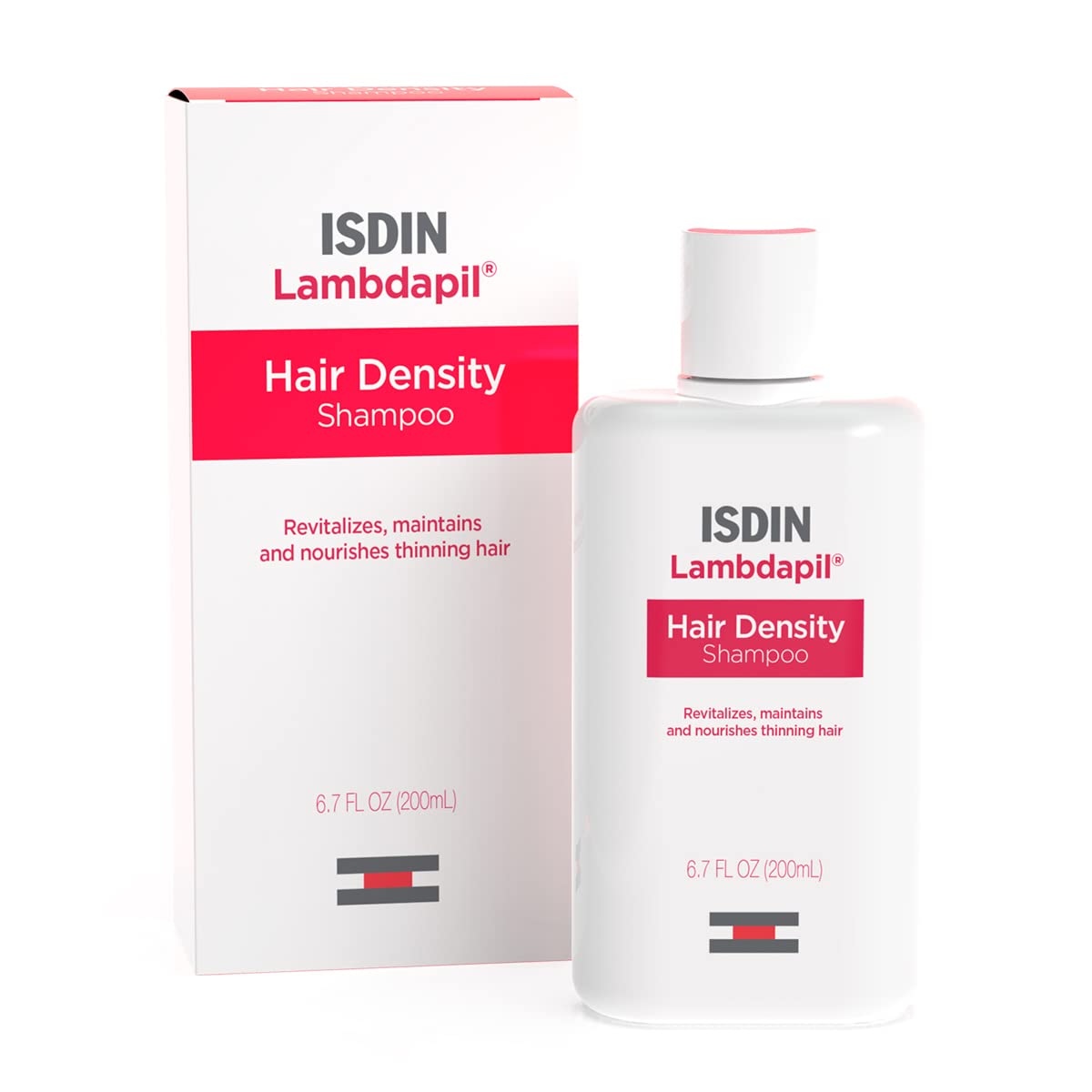 ISDIN Lambdapil champú, embalaje para mayor volumen en cabello delgado.