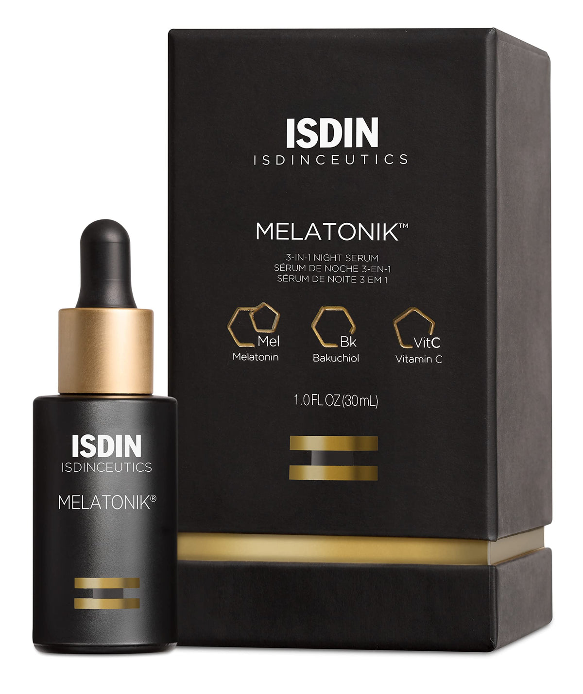 ISDIN Melatonik — bouteille sérum nuit prête pour l'hydratation nocturne.