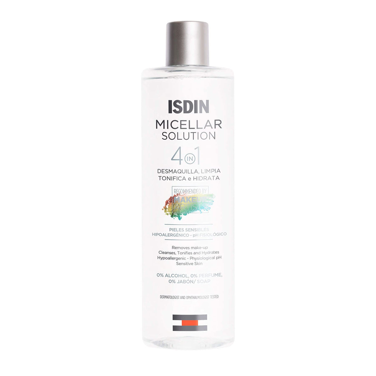 ISDIN Micellar 4-en-1: botella hidratante y desmaquillante suave para piel sensible.