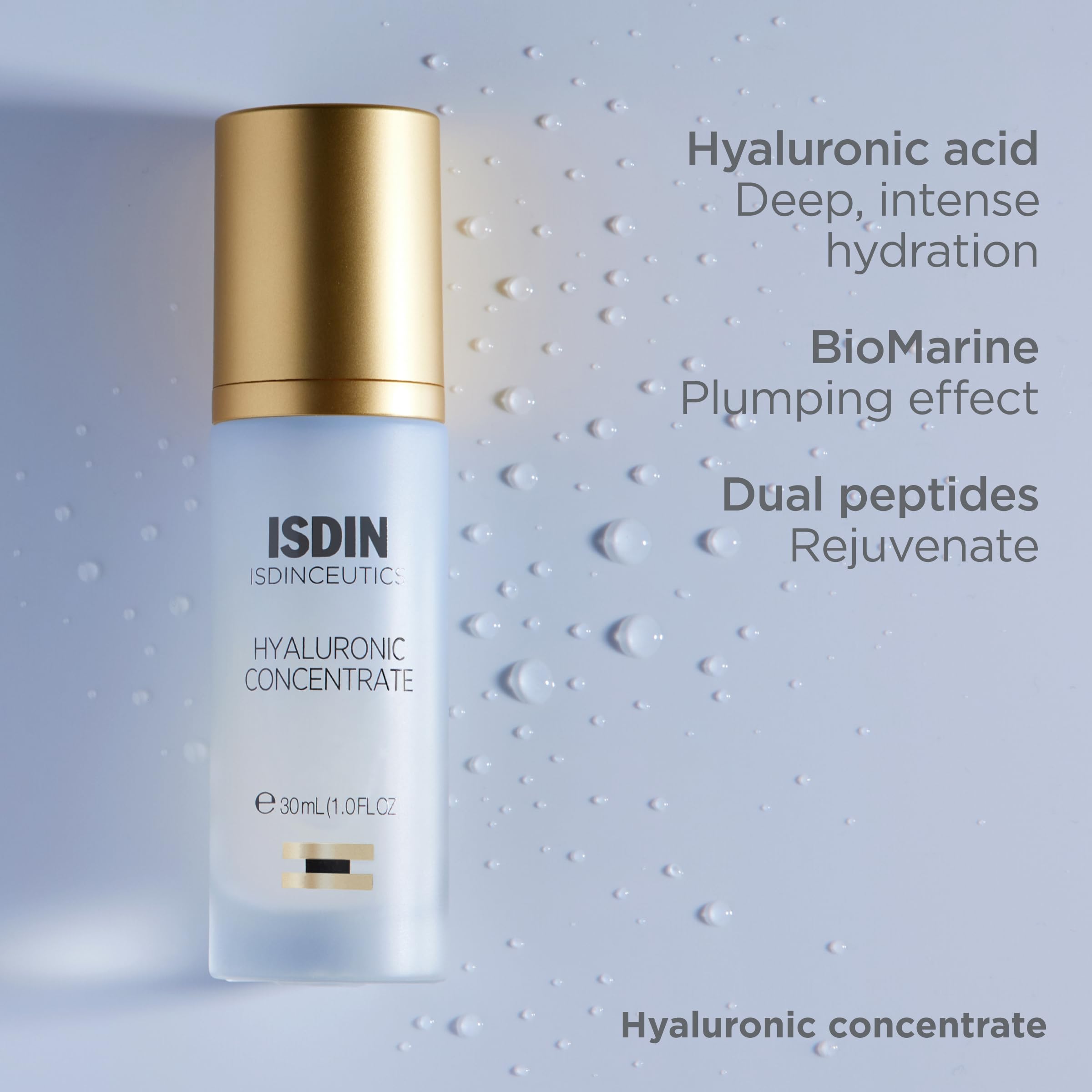 Concentrado Hialurónico ISDIN, ingredientes clave para hidratación sostenida.
