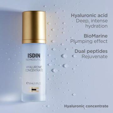 Concentrado Hialurónico ISDIN, ingredientes clave para hidratación sostenida.
